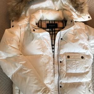 Burberry London puffer jacket.  White. Hooded.